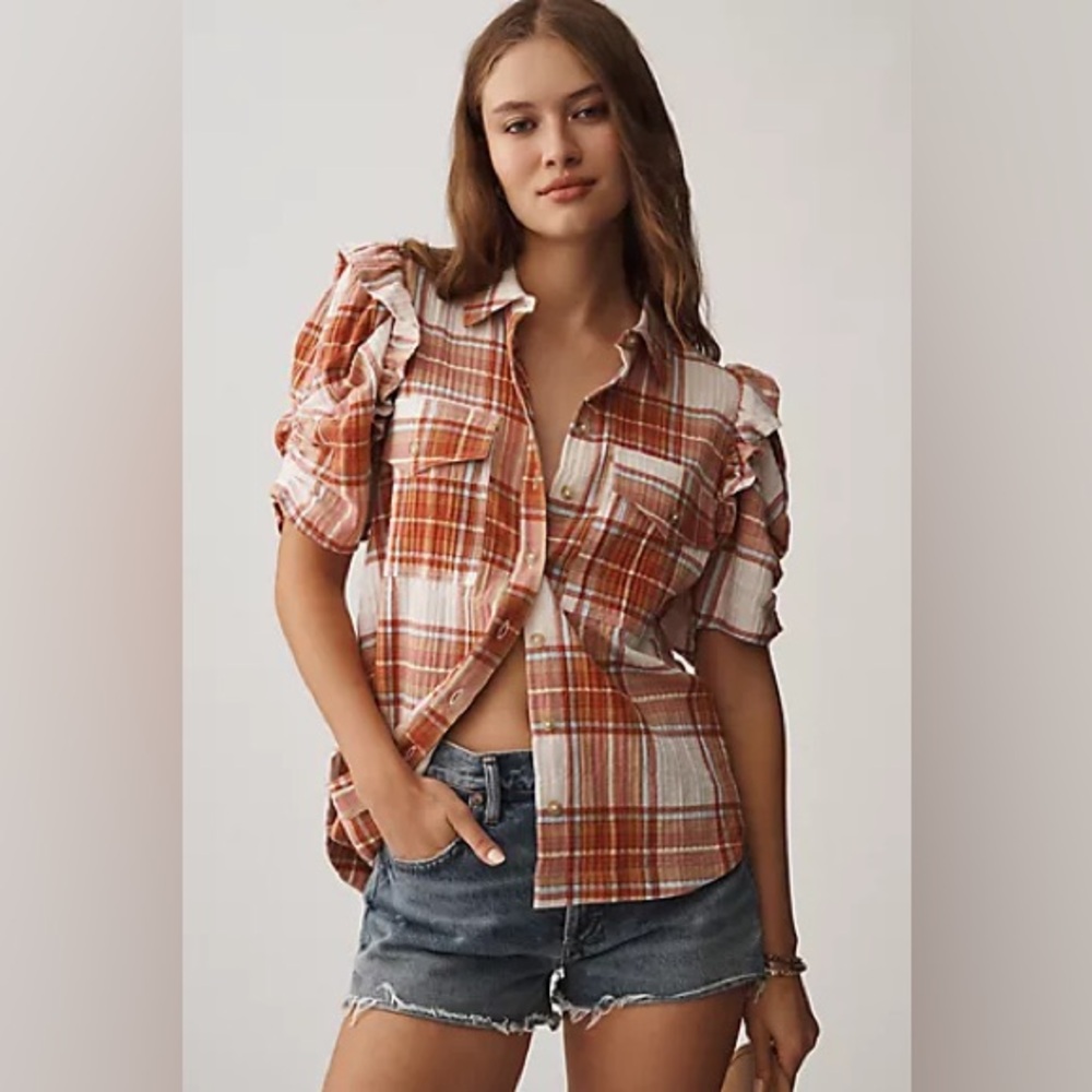 Pilcro Rust and Cream Plaid Button Down Shirt